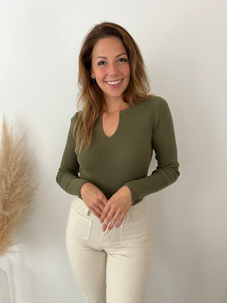 Kaki v-neck ribbed top