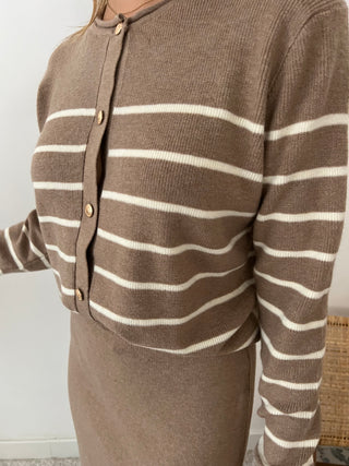 White striped camel knit ensemble