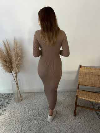Camel V-neck ribbed bodycon dress
