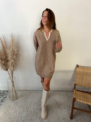 Lace collar camel sweater dress