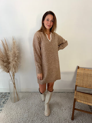 Lace collar camel sweater dress