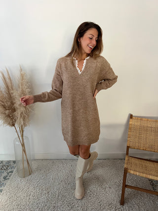 Lace collar camel sweater dress