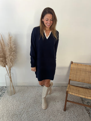Lace collar navy blue sweater dress