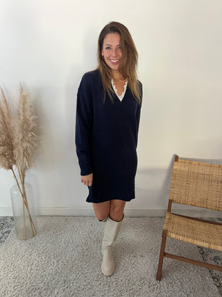 Lace collar navy blue sweater dress