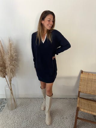 Lace collar navy blue sweater dress